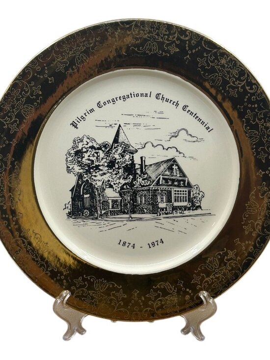 Pilgrim Congregational Church Centennial Commemorative Plate 1874-1974 Gold Trim - Picture 1 of 7
